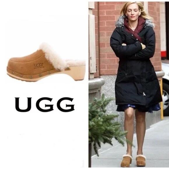 Y2K Vintage UGG Kalie Clogs Chestnut Suede Sheepskin Studded Block Wood Heel 8 - Picture 1 of 12